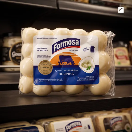 Design de embalagem Formosa, mussarela bolinha e palito